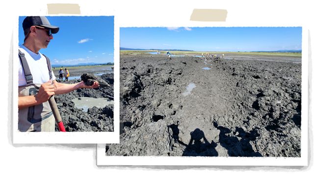 Two Polaroid photos side by side showing a man holding a clump of mud and a large channel in a field of mud.