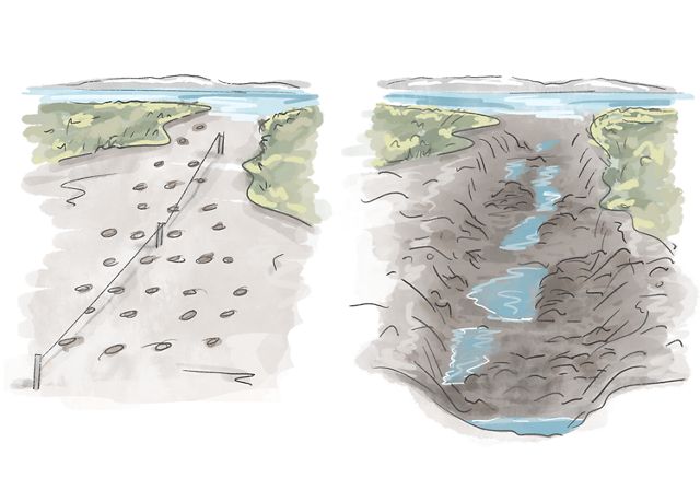 Illustrations of before and after a channel was blasted in a marsh.