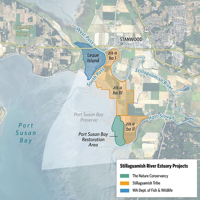 Map showing the locations of restoration lands on the edge of Port Susan Bay.