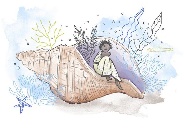 Illustration of a small child sitting in a giant shell underwater.