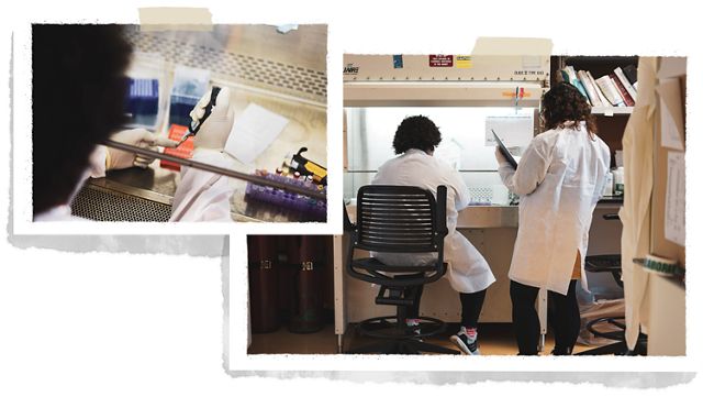 Two side-by-side photos showing Dr. Tiara Moore working in a lab, along with an assistant.