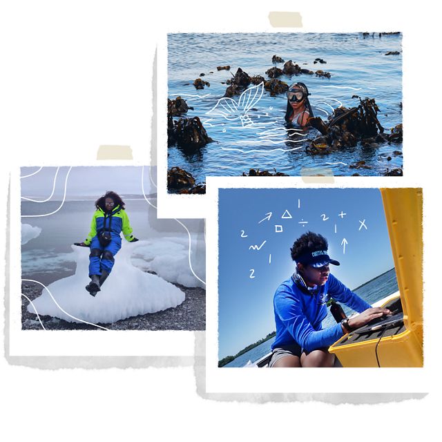 A collage of three photos showing people working in an around the ocean.