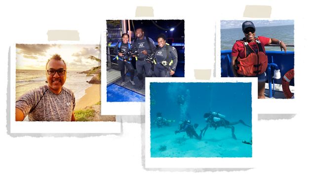 A collage of four photos of people working in the ocean.