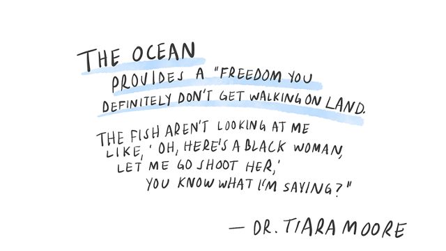 A quote by Dr. Tiara Moore that says The ocean provides a freedom you definitely don't get walking on land. The fish aren't looking at me like Oh here's a black woman, let me go shoot her.