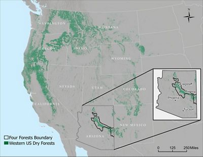Map of the Western U.S. with a inlay map of Arizona.
