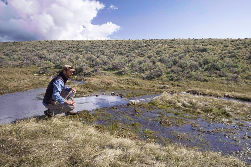 A person crouches near a stream with sagebrush surrounding.