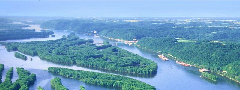 Aerial view of the Mississippi River flowing in Minnesota.