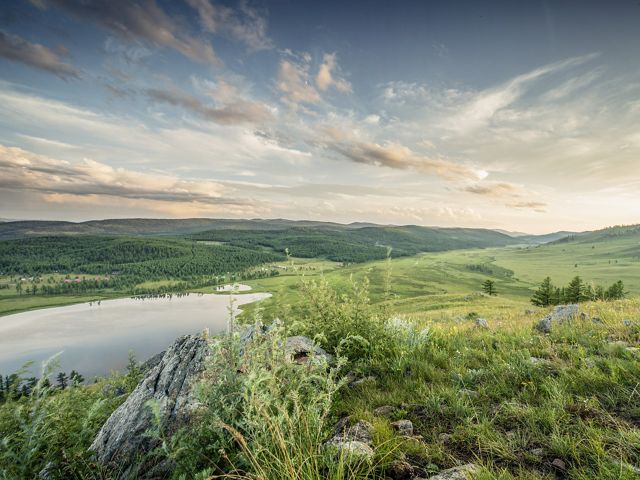 View of grasslands from a mountaintop in Mongolia