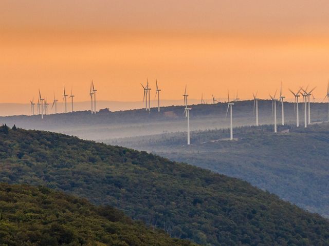 Wind farm turbines.