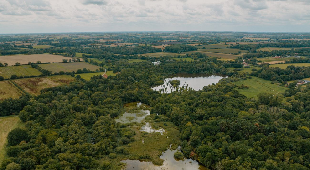 Aerial of the Wendling Beck in Norfolk, England