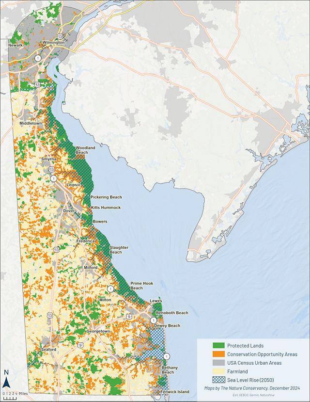 A map of  Delaware showing opportunites for conservation in orange. 