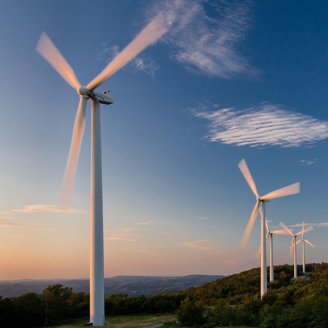 View of several wind turbines on a West Virginia ridge.