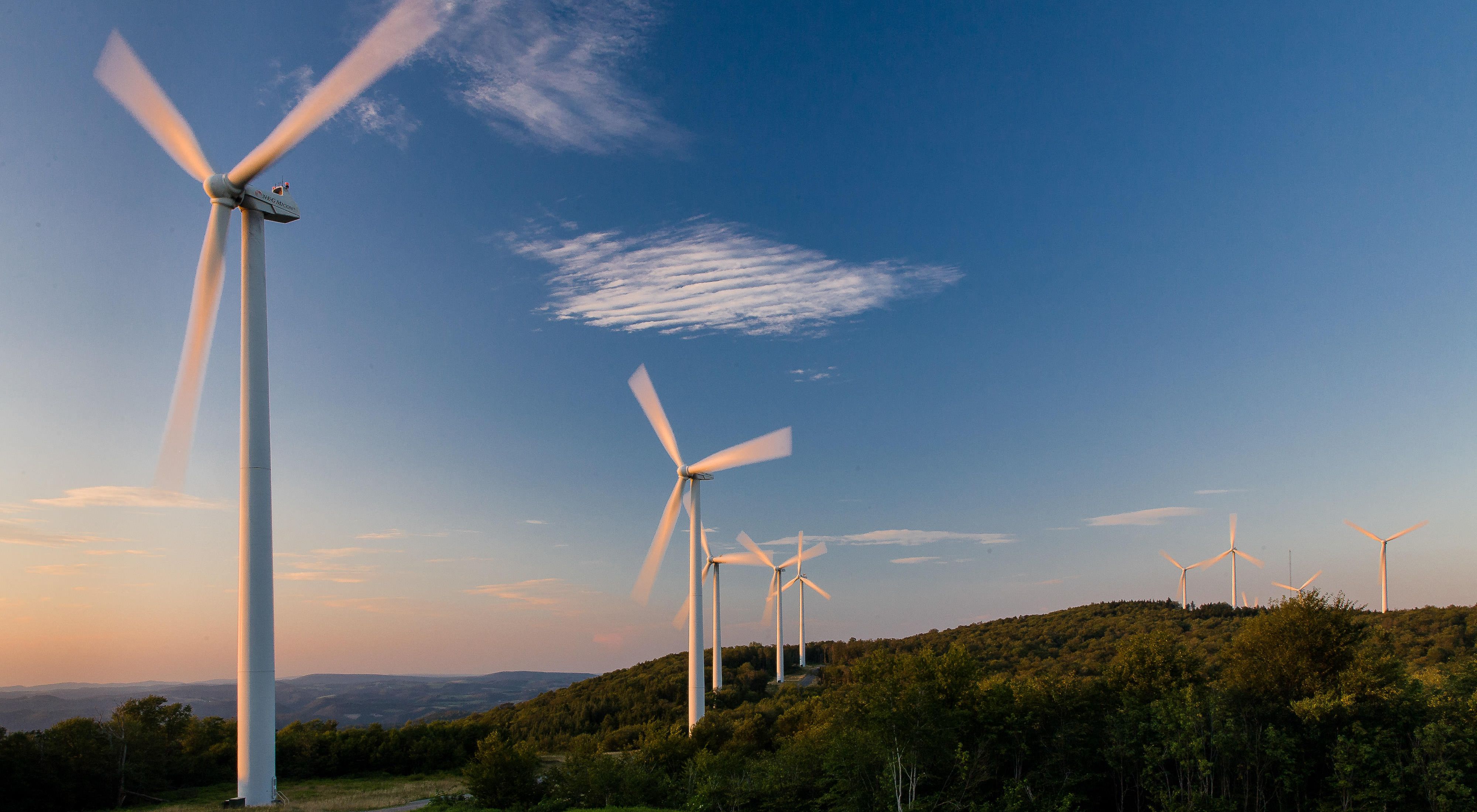 White wind turbines line a forested hilltop.