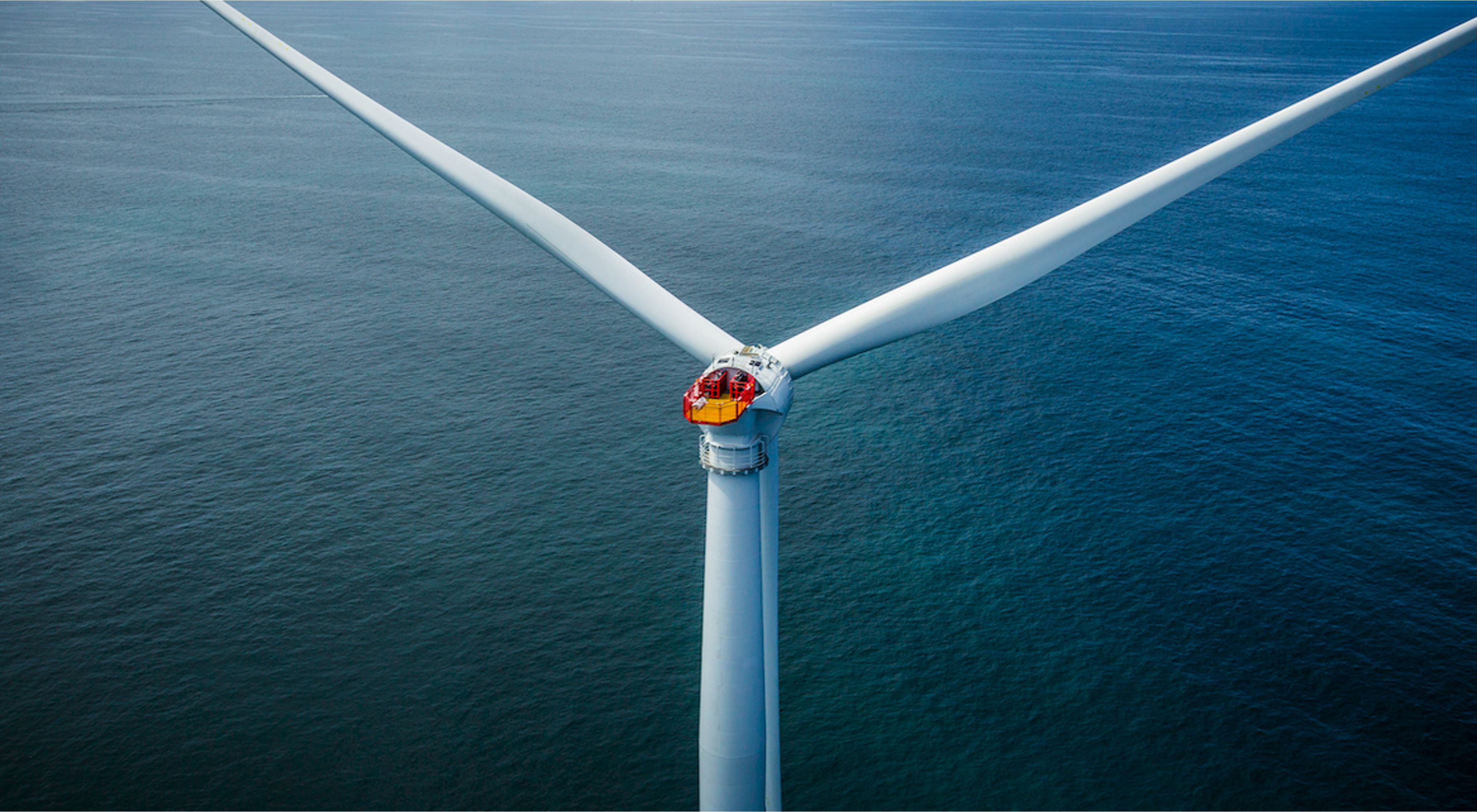 A wind turbine off the Atlantic coast of Rhode Island, USA.