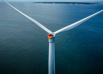 A wind turbine off the Atlantic coast near Rhode Island, USA.