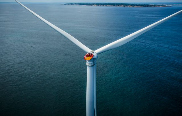 A wind turbine off the Atlantic coast of Rhode Island, USA.