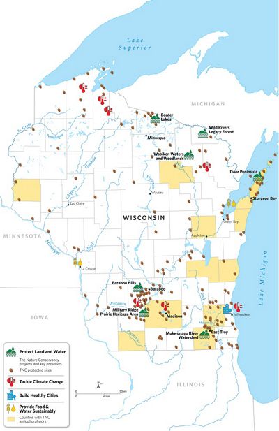 A map of the places where TNC's conservation strategies are touching down in Wisconsin. 