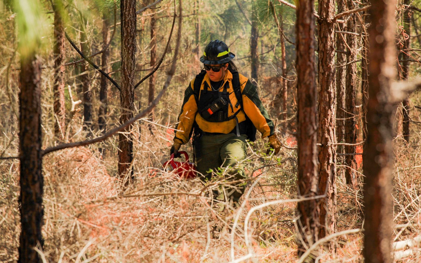 Restoration In Action Charity Battise of the Alabama-Coushatta Tribe of Texas ignites encroaching brush and competing vegetation, creating healthier conditions for the longleafs to grow. © Claire Everett/TNC
