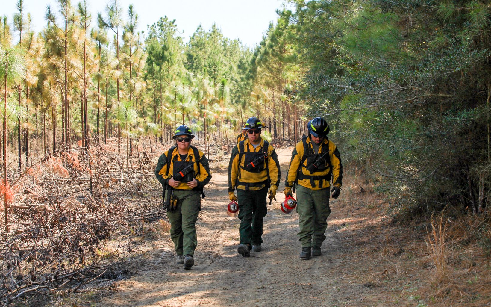 After the Burn Once the active burn is over, Wildland Fire Management crew members monitor the remaining flames and ensure the prescribed fire is extinguished. © Claire Everett/TNC
