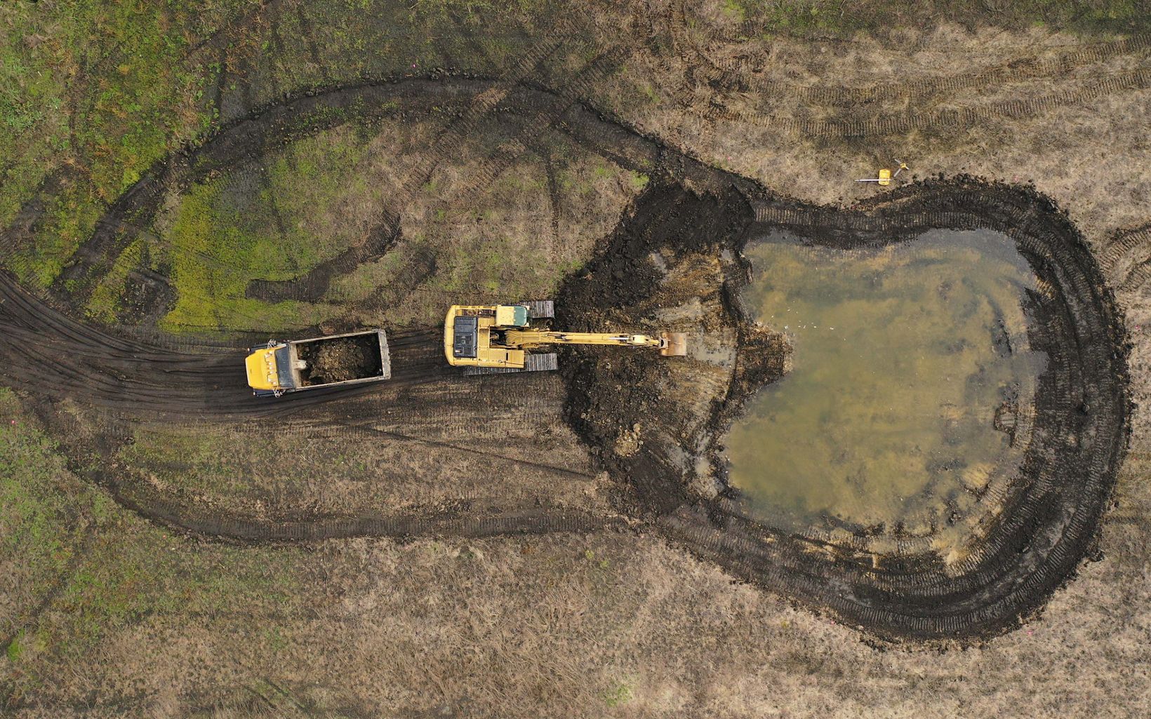 An aerial view of a wetland construction site.