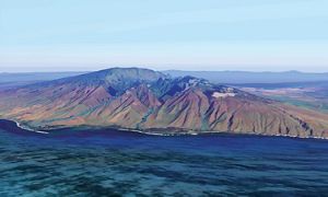 An elevated view of a ridge rising steeply from the ocean on West Maui.