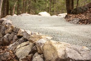 Closeup of rocks lining a gravel path in the woods.