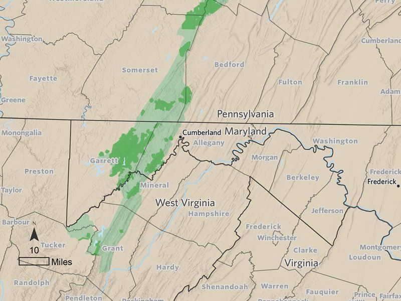 A topographic map of the Eastern US showing a green band extending from West Virginia, through Maryland, and in to Pennsylvania.