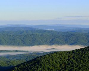 Aerial view of rolling green mountain ridge tops. A heavy bank of white fog shrouds the lower valley.