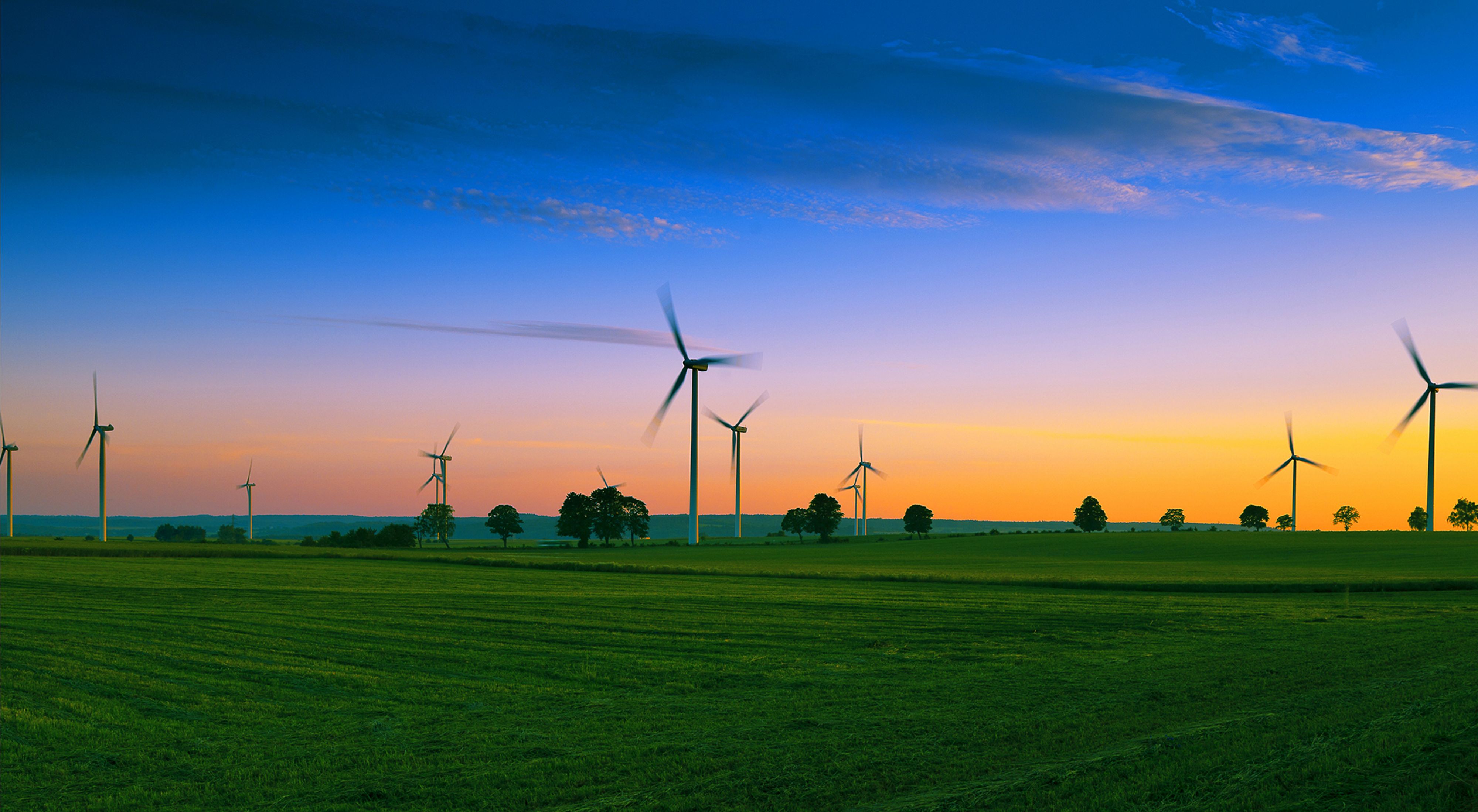 wind turbines in a field against a sunset sky.