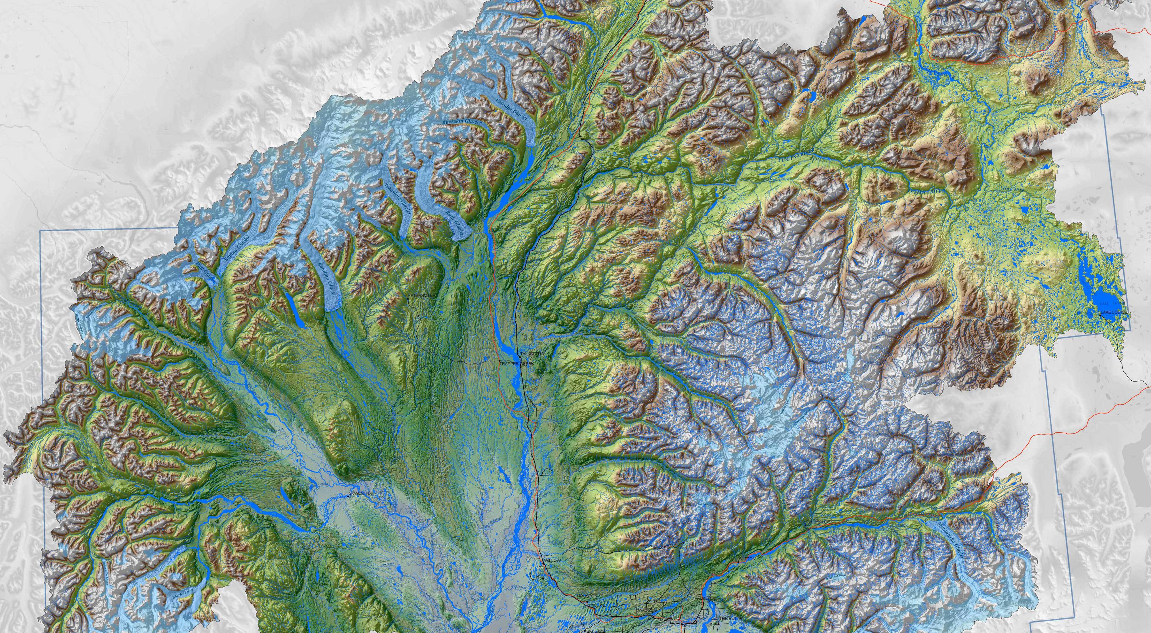 Topographical map of the Matanuska-Susitna Basin in Alaska.