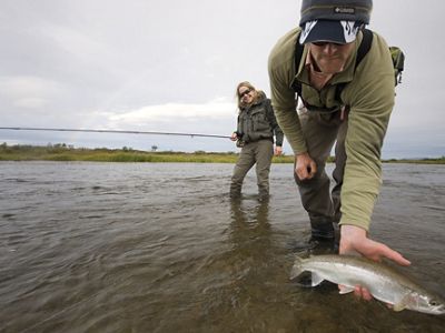 Catch and release trout fishing in the legendary Talarik River in Alaska.