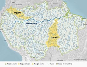 A map of the Northern part of South America, highlighting all of the rivers and tributaries that comprise the Amazon Basin, with Caqueta and Tapajos basins highlighted as the story's two focal areas. 