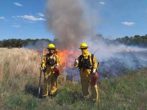 Two interns stand in front of a prescribed fire.