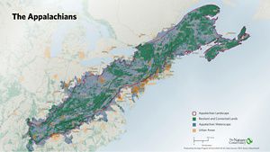 A map of the Appalachians developed by The Nature Conservancy. It highlights the area of the Appalachian landscape, resilient and connected lands, the Appalachian waterscape, and urban areas.