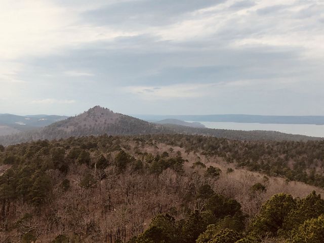 A winter, close-up view of Blue Mountain. Lake Maumelle is to the right.