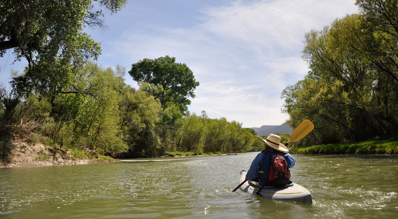 A person paddles down a river in a kayak