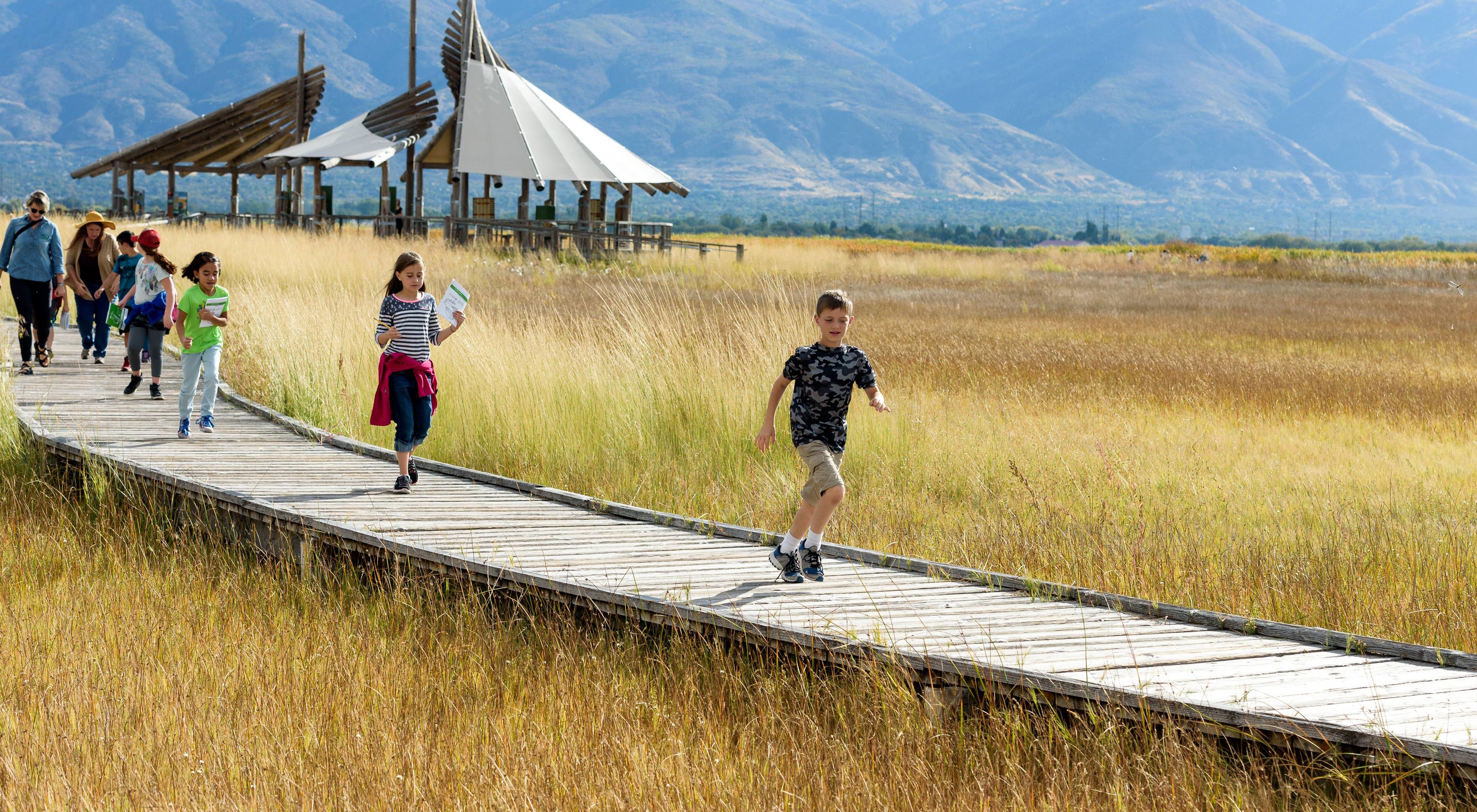 Kids running on a boardwalk through tall grass.