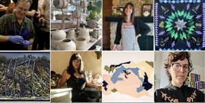 A grid title of artist headshots and their art work below or above them. 