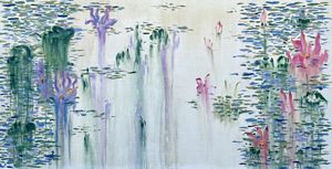 An impressionist painting features pink and purple water lilies reflected on a shimmering pond.