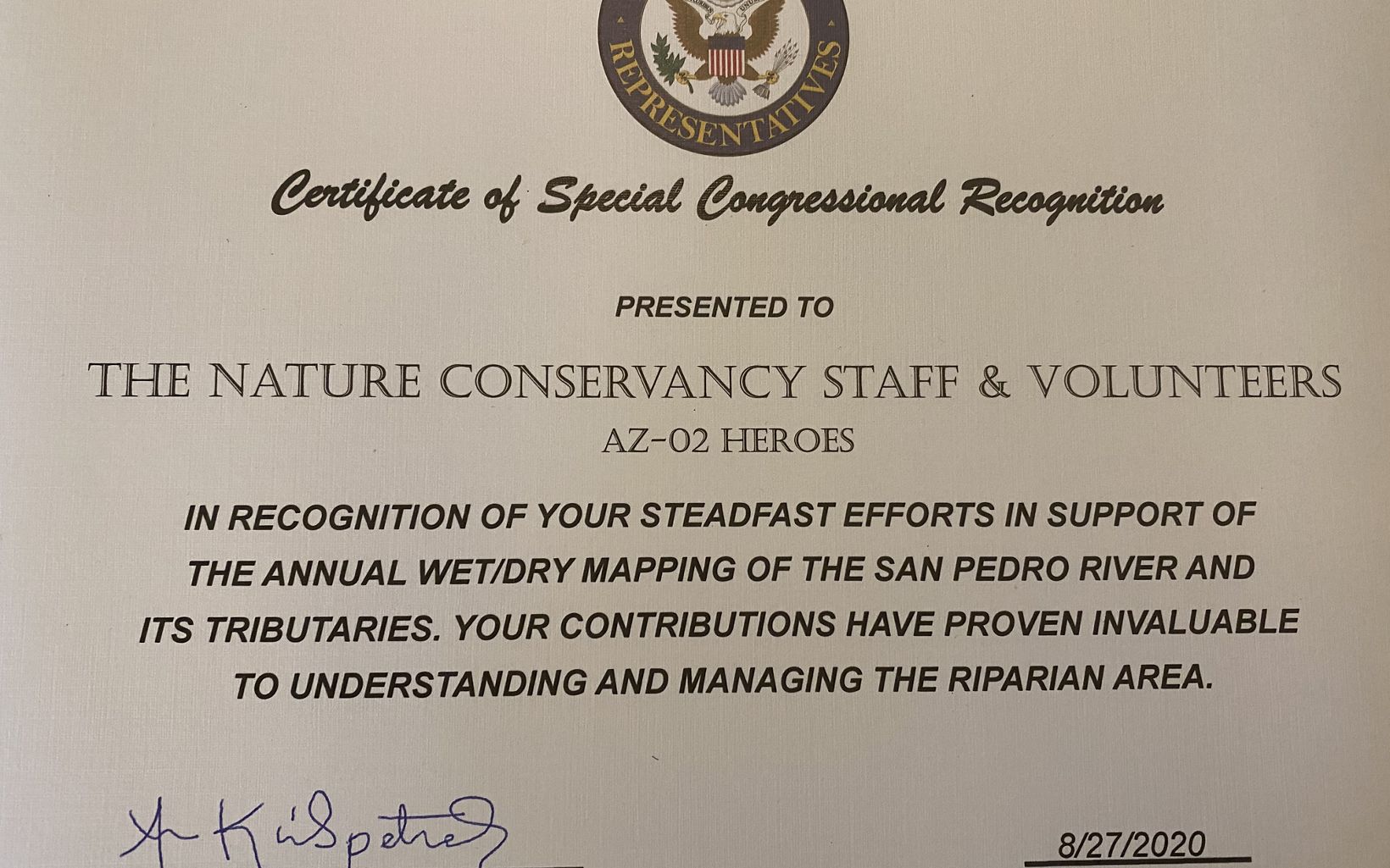 Photo of a certificate of special Congressional recognition. 