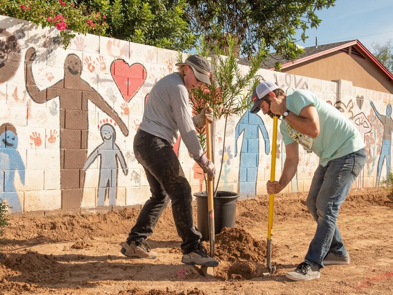Two people dig a hole during an urban tree planting event.