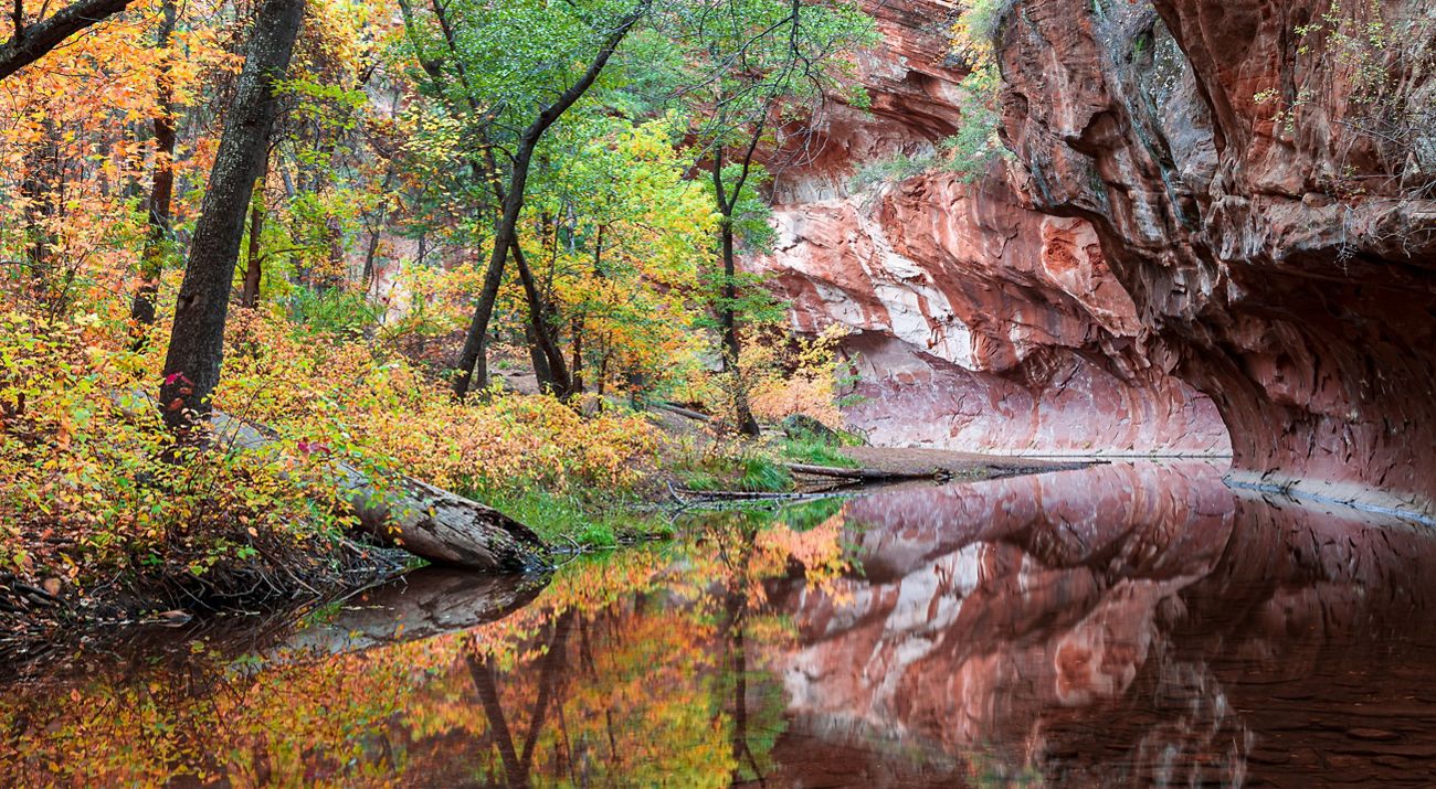 View of a small body of water reflecting bright orange, yellow and green trees and a red rock on the right.