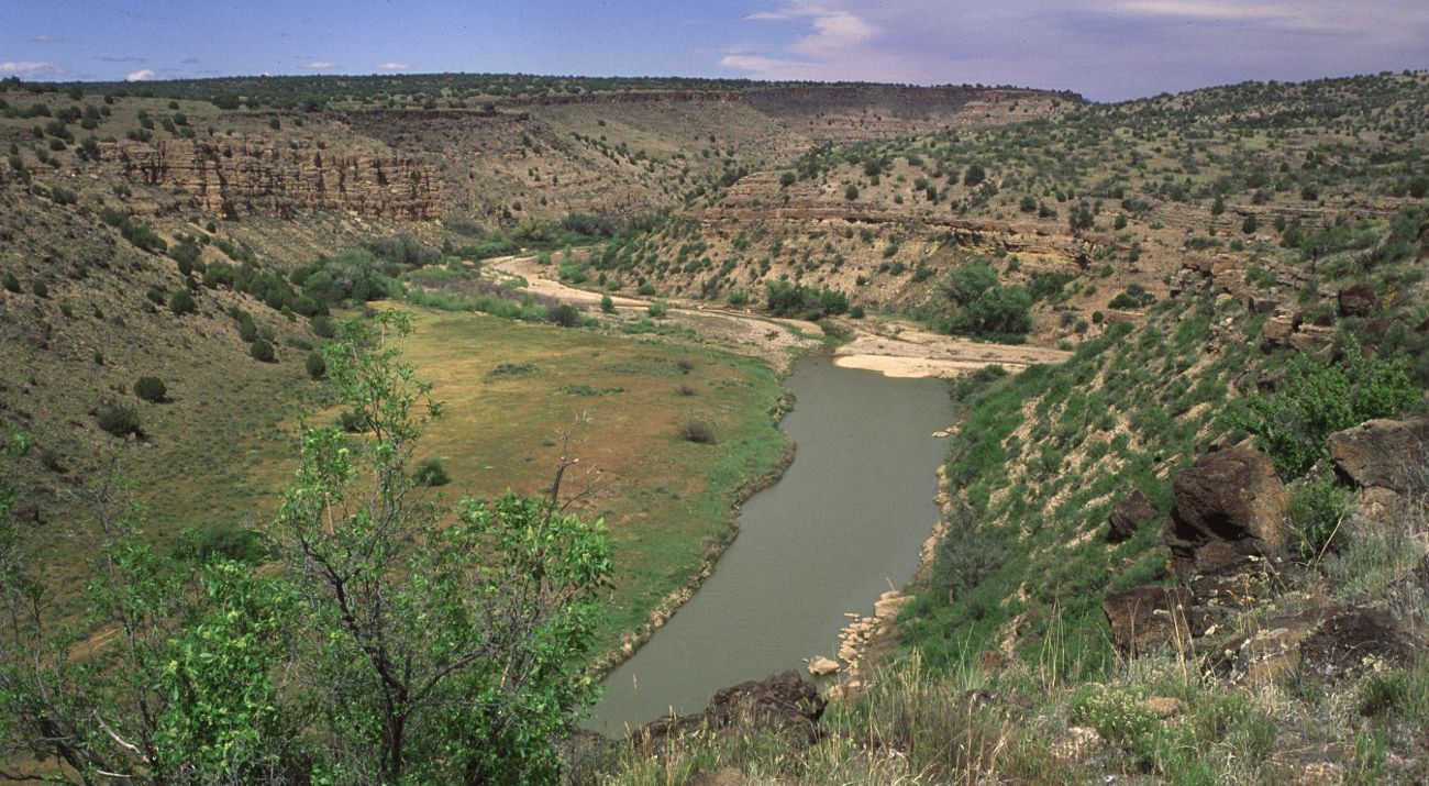 View of a canyon with a river running through the middle and green vegetation on the sides.