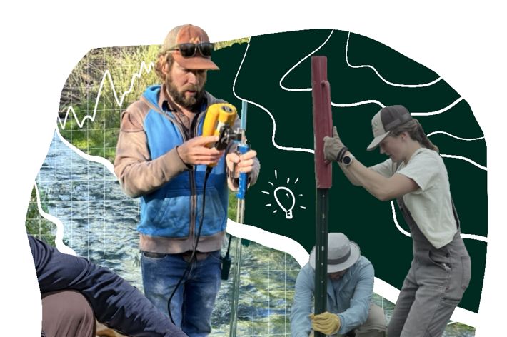 Graphic collage showing four people collecting data with a typographic drawing behind them.