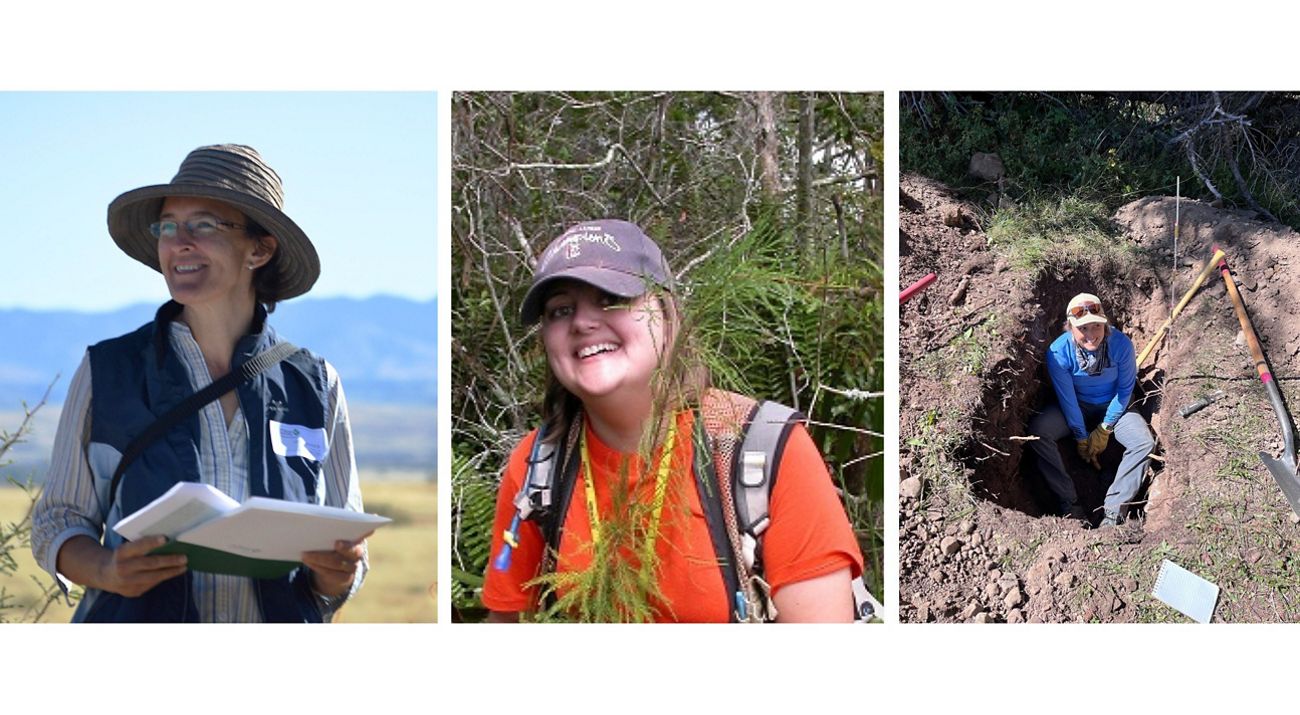 Three portrait photos: the first is of a woman in a hat, looking off into the distance, the second is a woman in an orange shirt with branches around her, and the third is a women sitting in a hole.