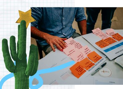 Collage featuring team work, graphics, and colorful loops.