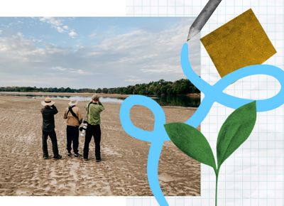 A collage of conservationists, land, and decorative loops.