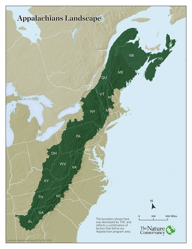 A map showing the Appalachian Mountain Range in the Eastern United States.