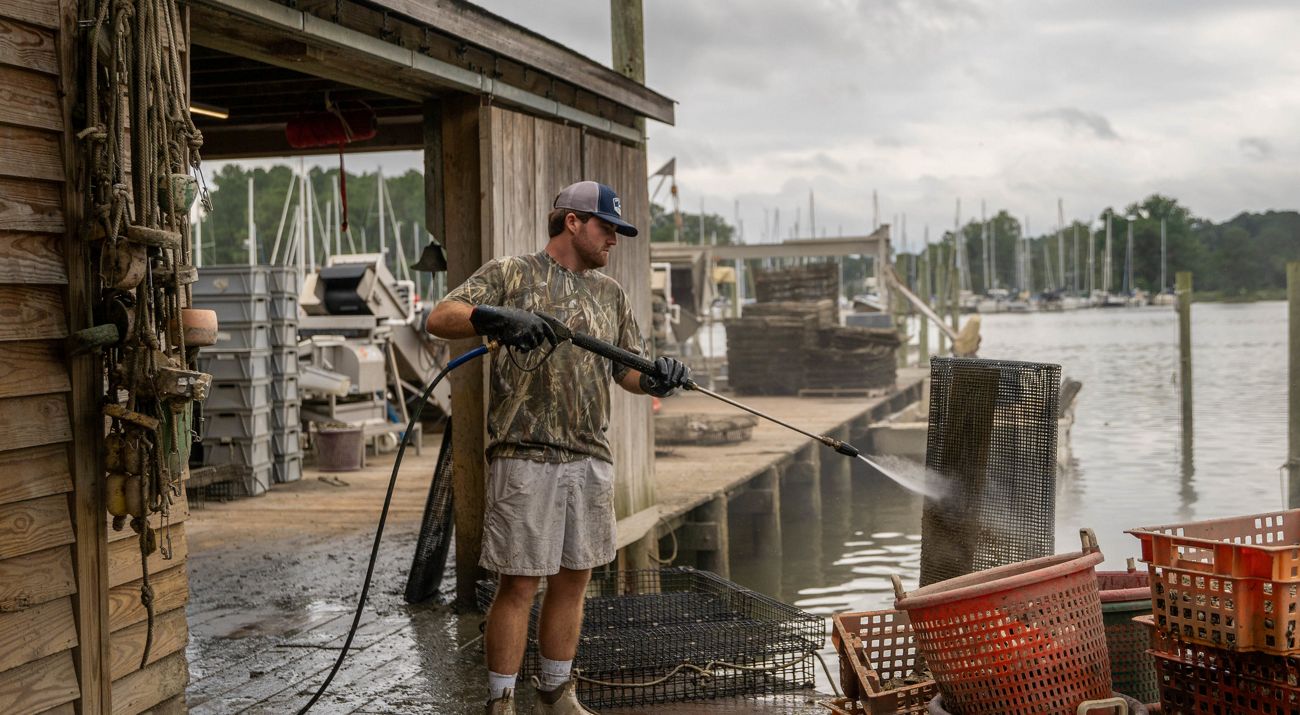 A man standing on a dock holds a hose, which is spraying an orange plastic basket full of oysters.