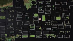 An aerial view of rectangular fish pens suspended in dark water.
